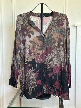 Dressori 100% Silk Draped Floral Blouse | Lagenlook Art Top | 2X